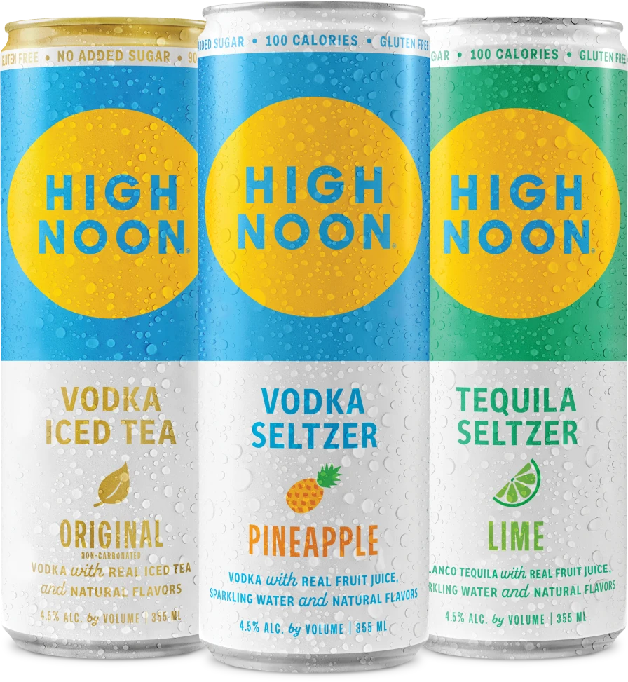 High Noon Vodka Iced Tea, Vodka Seltzer, and Tequila Seltzer cans